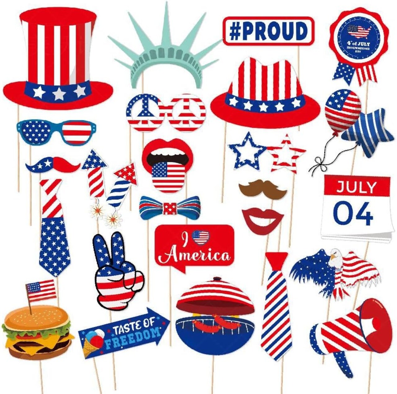 25pc Patriotic Photo Booth Props - DIY 4th of July, Memorial Day & Veterans Day Party Kit